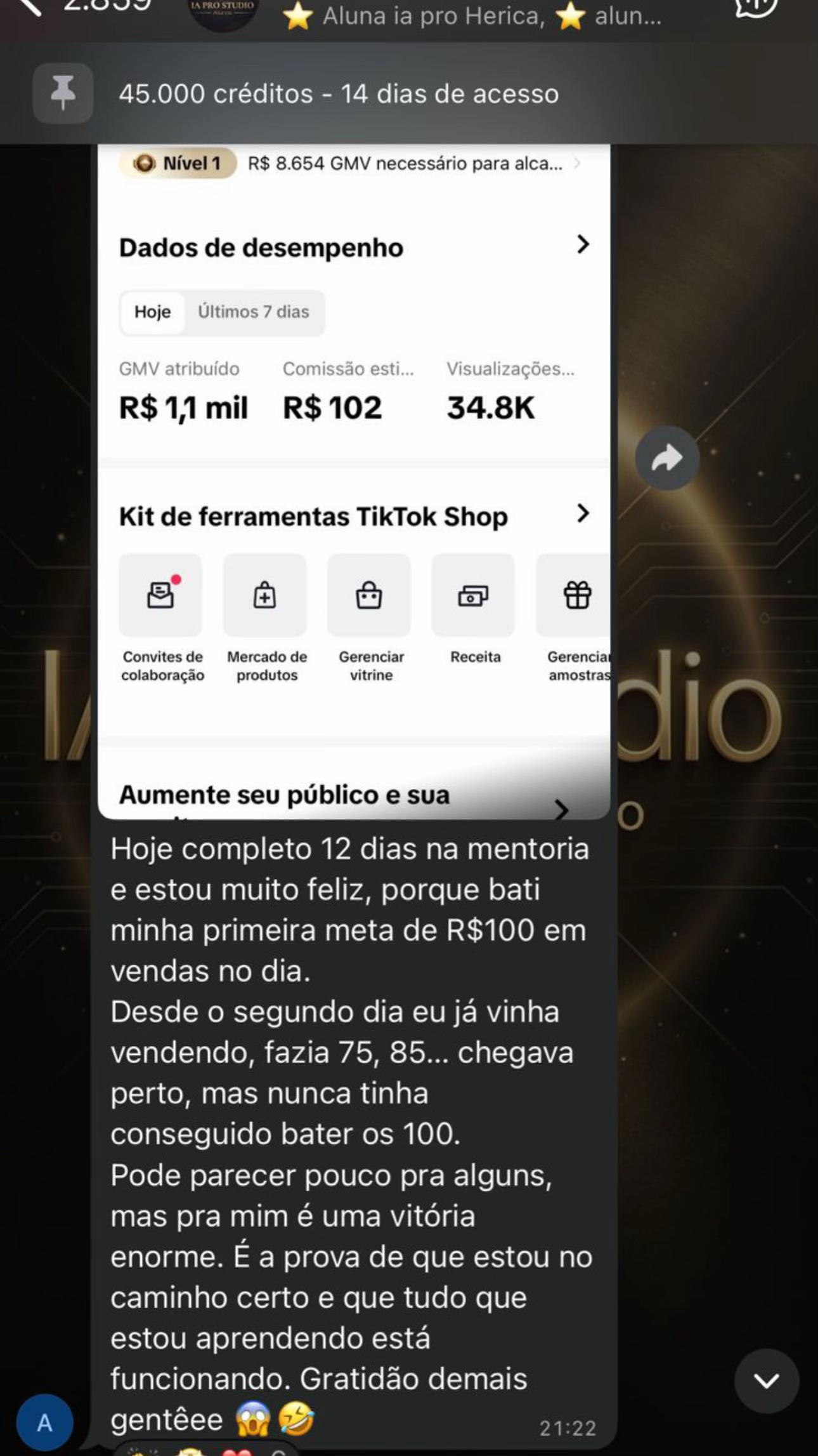 Aluna com R$1,1 mil GMV e R$102 de comissão no TikTok Shop