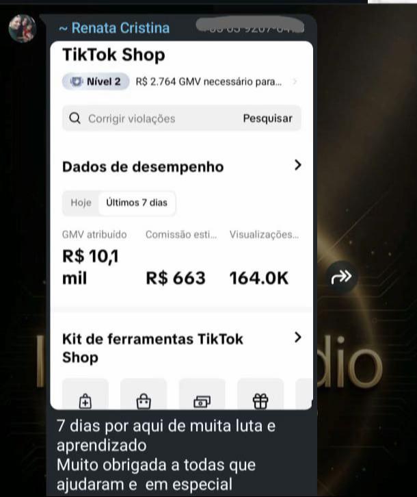 Renata Cristina com R$10,1 mil GMV e R$663 de comissão
